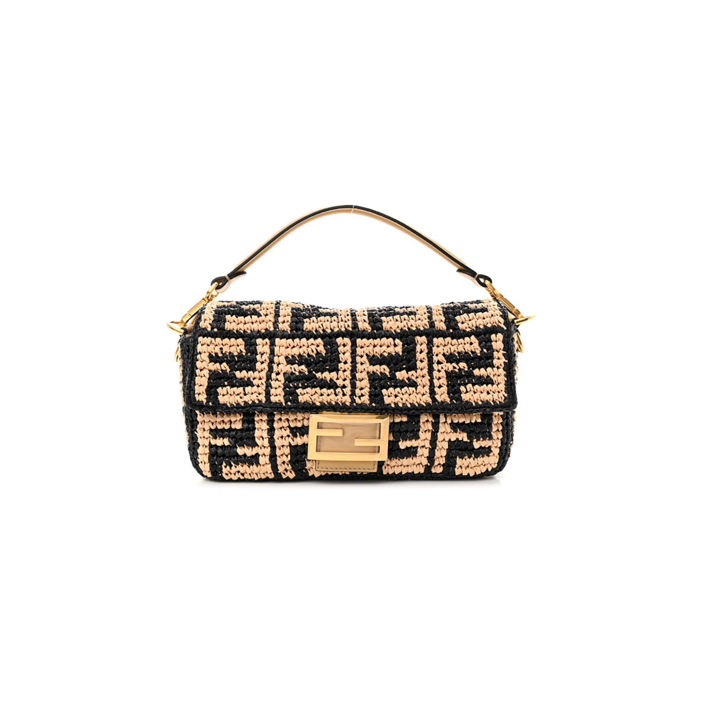 FENDI RAFFIA VITELLO GRACE FF CROCHET BAGUETTE NATURAL BLACK PAGLIA (27*15*6cm)